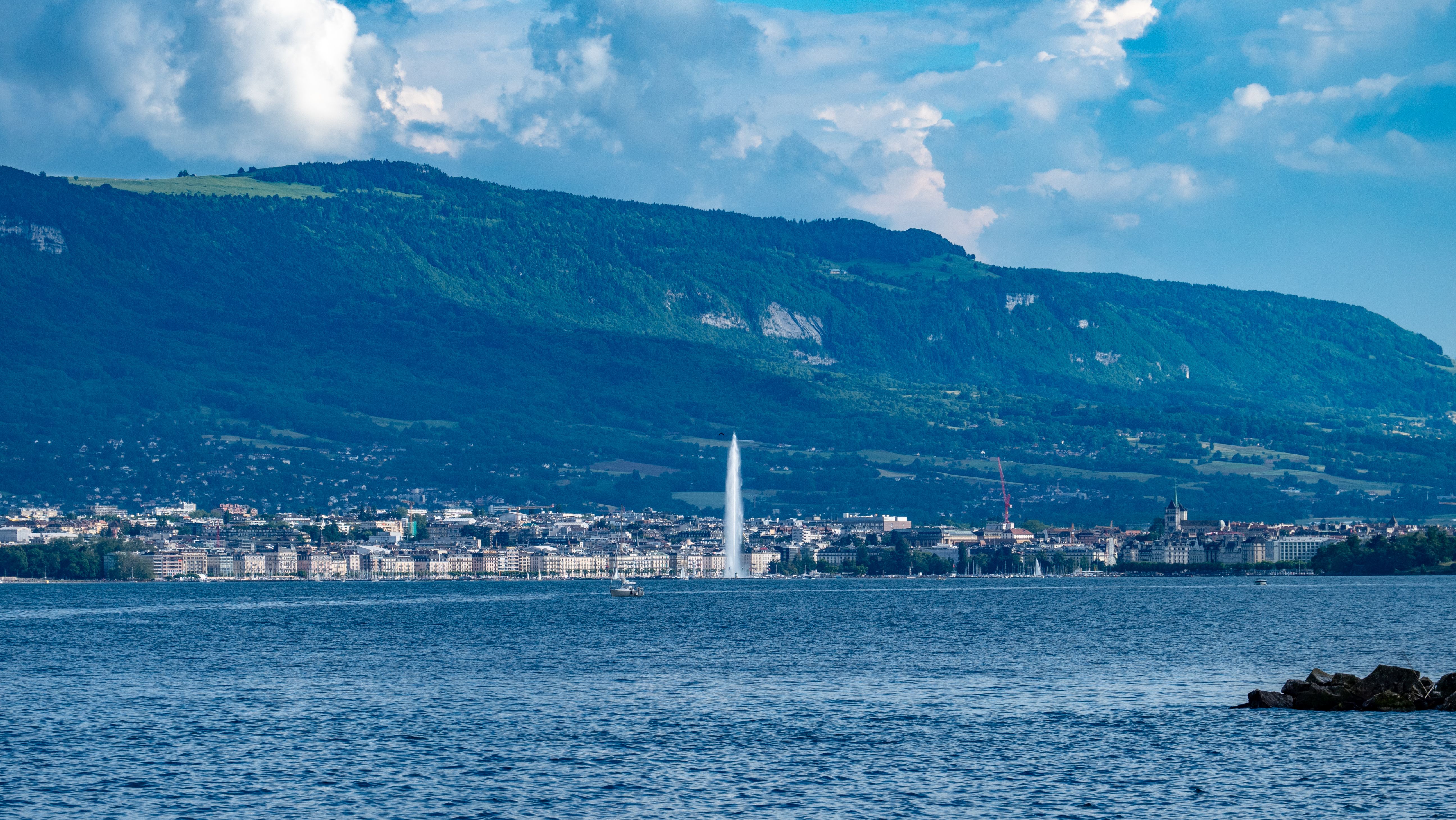 One day in Geneva — panorama with Jet d'Eau and Mont Blanc lakefront view