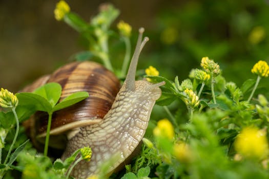 Detailed close-up of a Roman snail surrounded by lush green foliage and yellow flowers.