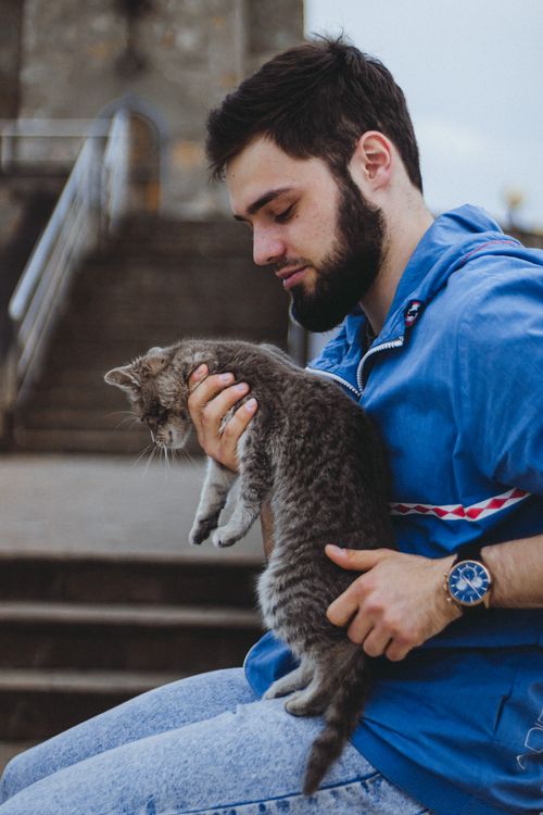 Free A young man with a beard holding a gray cat in an outdoor setting, showcasing a pet-owner bond. Stock Photo