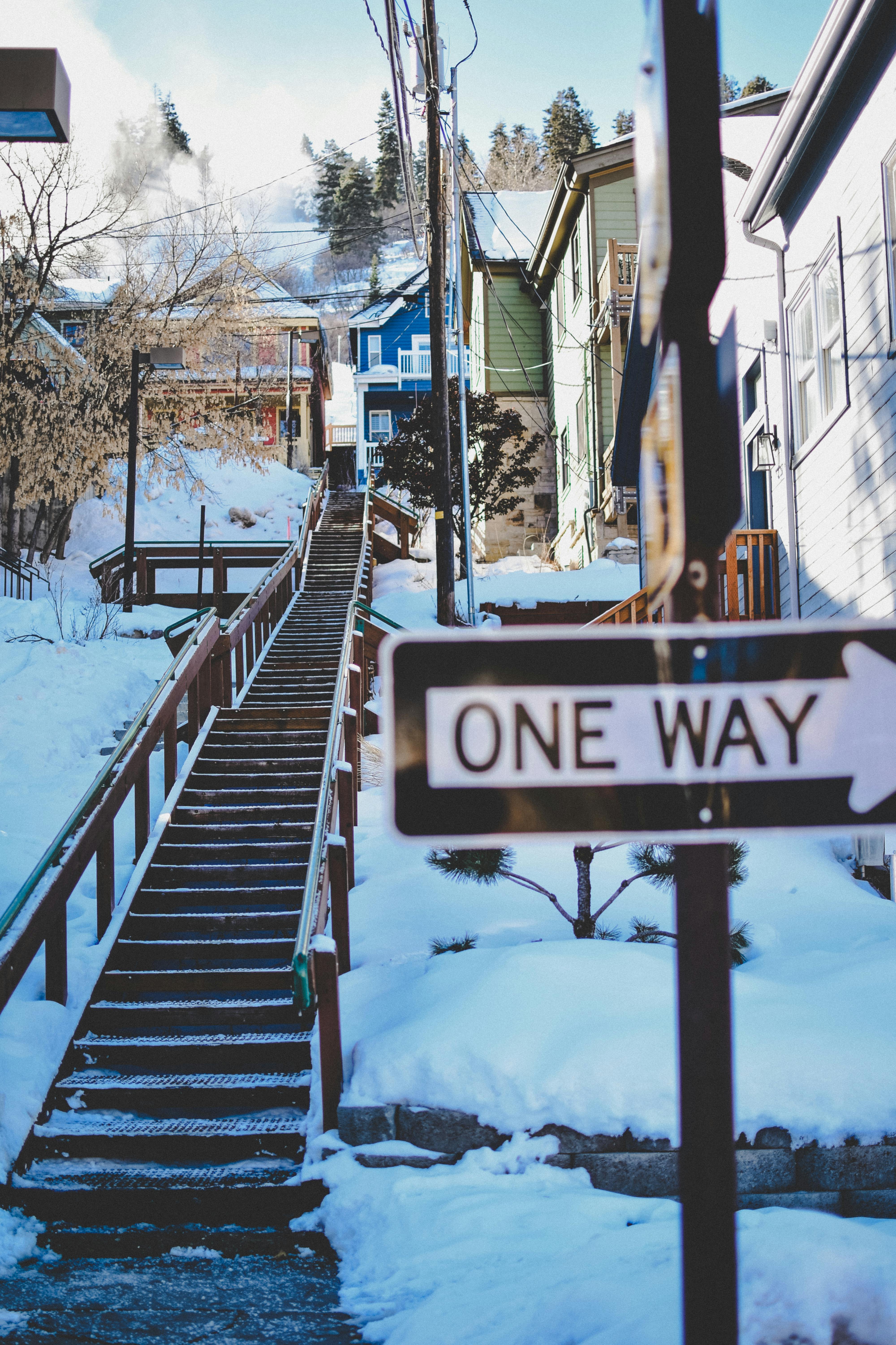 Free stock photo of one way, snow, stairs