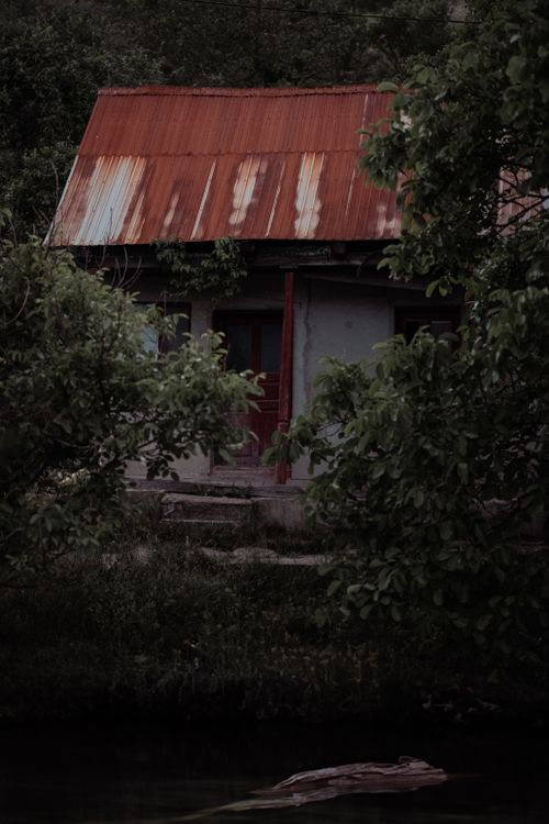Free Abandoned house with a rusty roof surrounded by lush greenery near a lake. Stock Photo