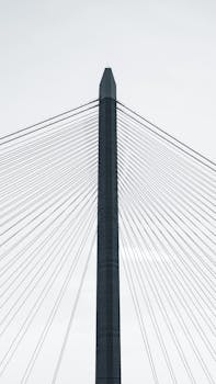 Vertical view of the Ada Bridge, a modern cable-stayed bridge in Belgrade, Serbia.