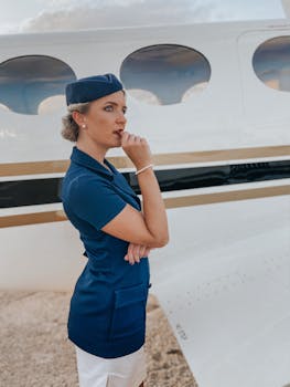 Flight attendant in blue uniform stands pensively by a white airplane, showcasing elegance and style.
