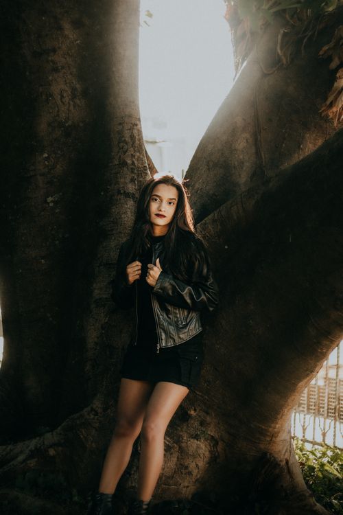 Free Stylish young woman in leather jacket posing against a large tree in a backlit outdoor setting. Stock Photo