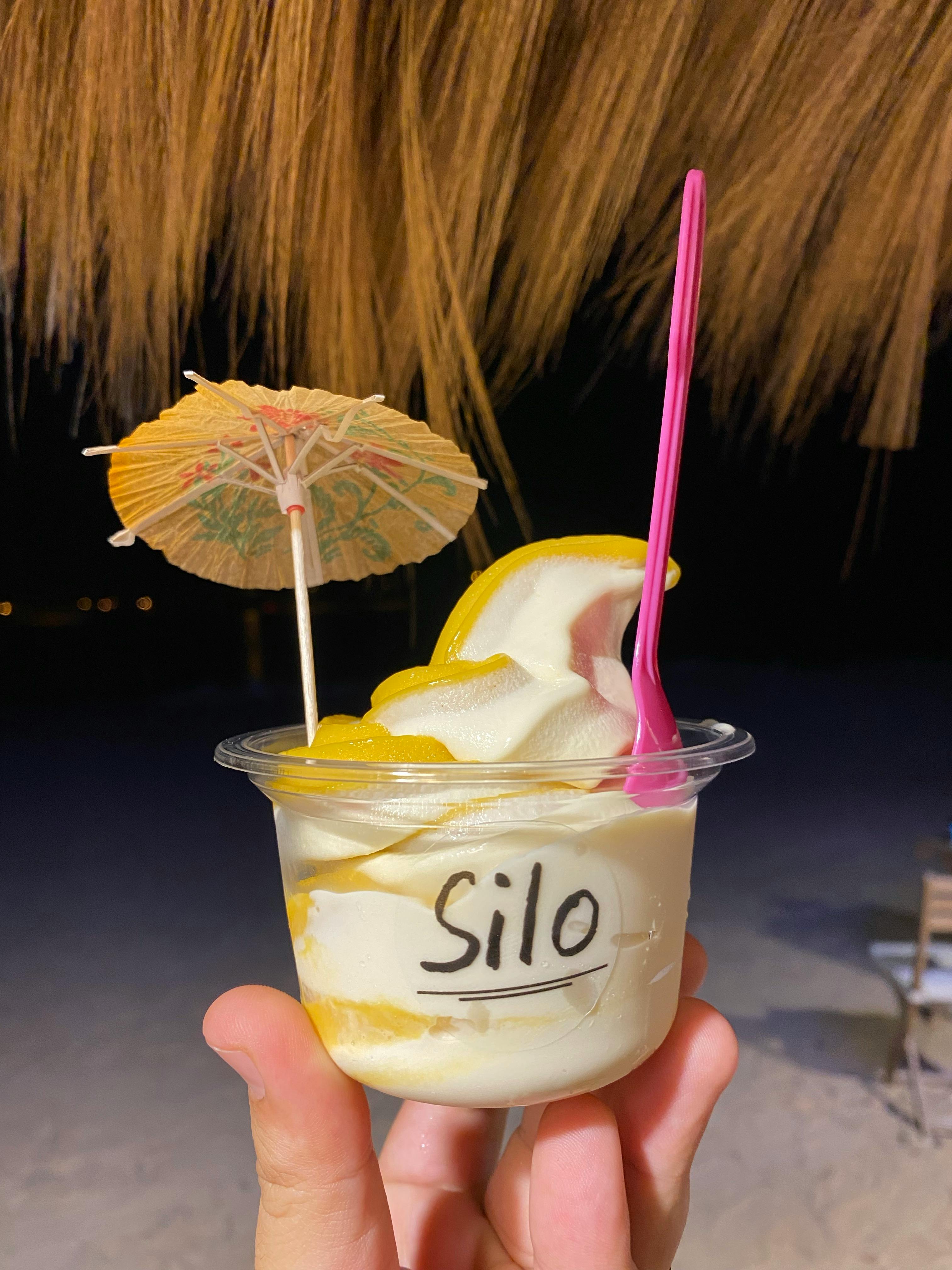 ice cream in disposable cap and with spoon and umbrella