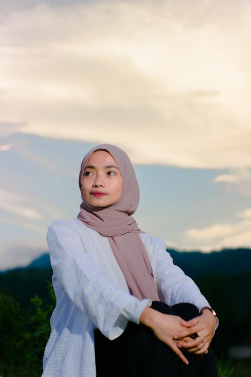 Woman Posing in Hijab and Blue Shirt