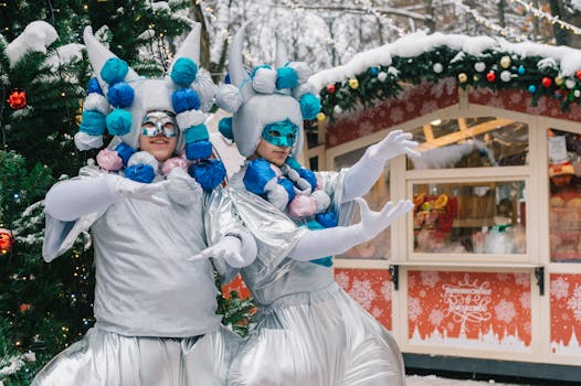 冬季圣诞市场上，节日表演者穿着鲜艳的服装