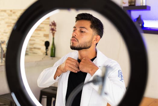 A young man adjusting his lapel mic in a studio with a ring light, preparing for a video shoot.