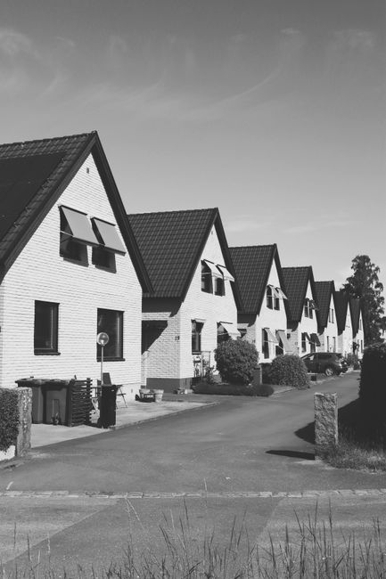 Black and white view of suburban houses in Jönköping, Sweden.