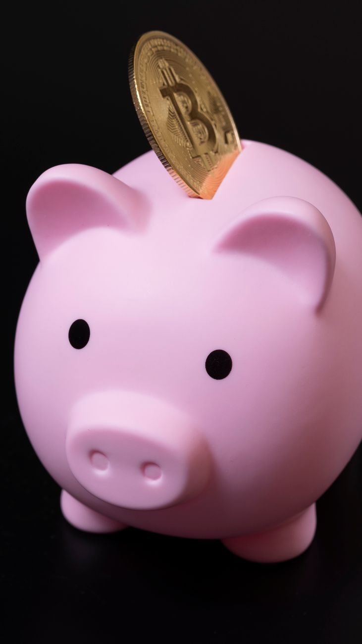 Porquinho rosa com uma moeda Bitcoin inserida, simbolizando economia digital e investimento.