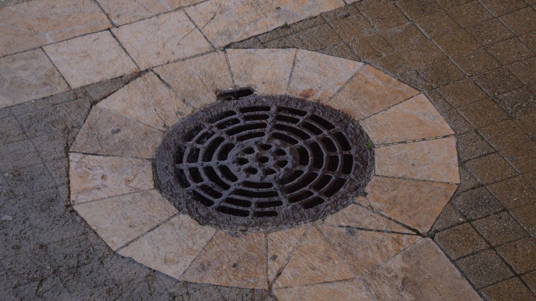 An iron utility cover set into a pavement