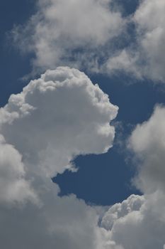 White clouds forming shapes against a clear blue sky, creating a serene atmosphere.