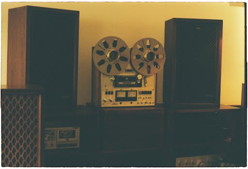 Retro audio setup with a reel-to-reel tape recorder and vintage speakers.
