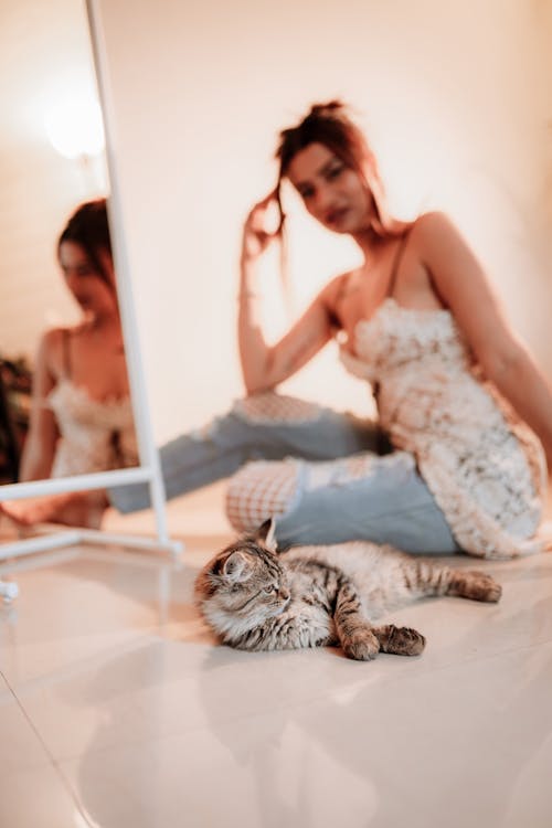 Cat Lying Down on Floor and Woman Sitting behind