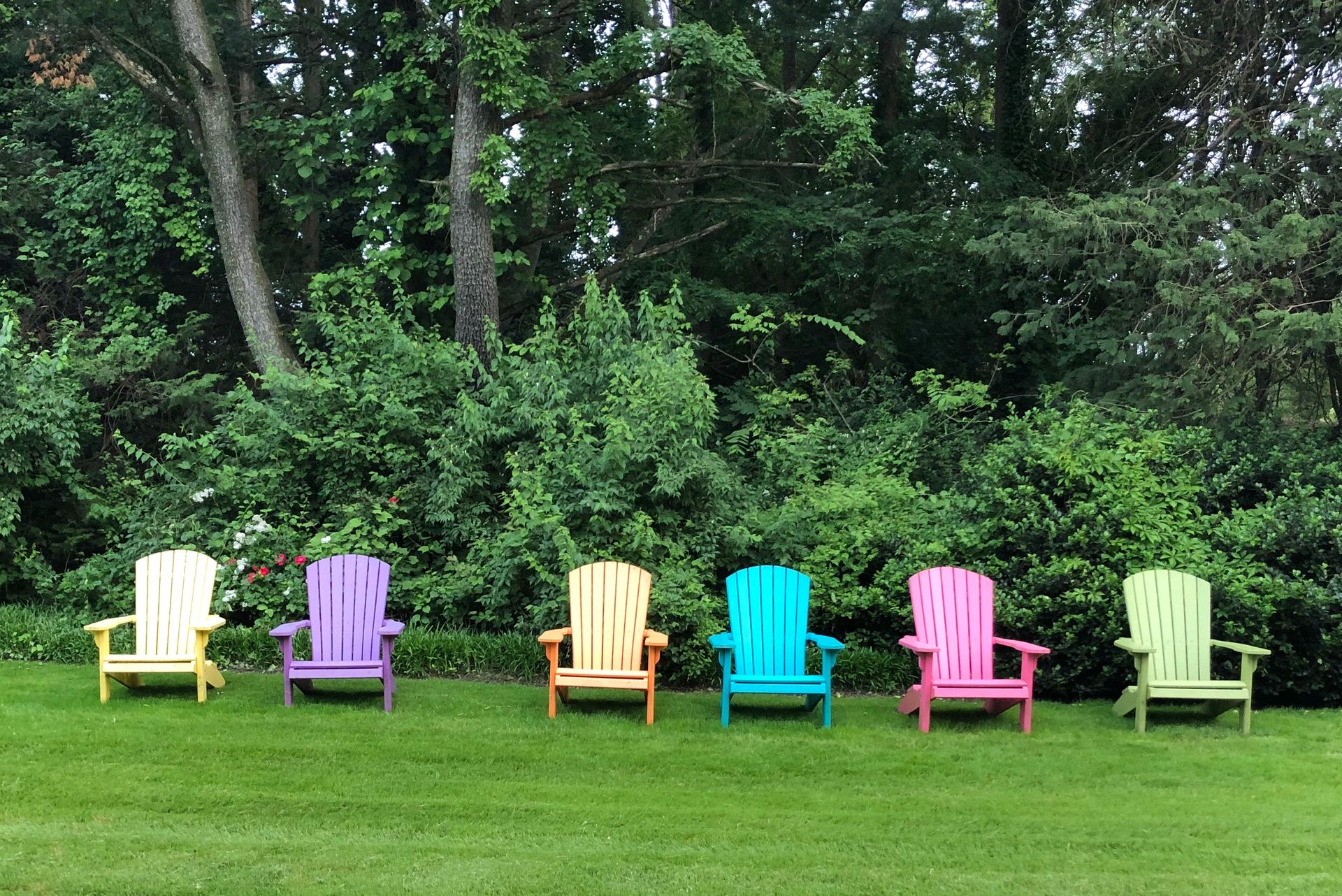 Colorful Adirondack chairs set against lush greenery in Middletown, PA, USA.