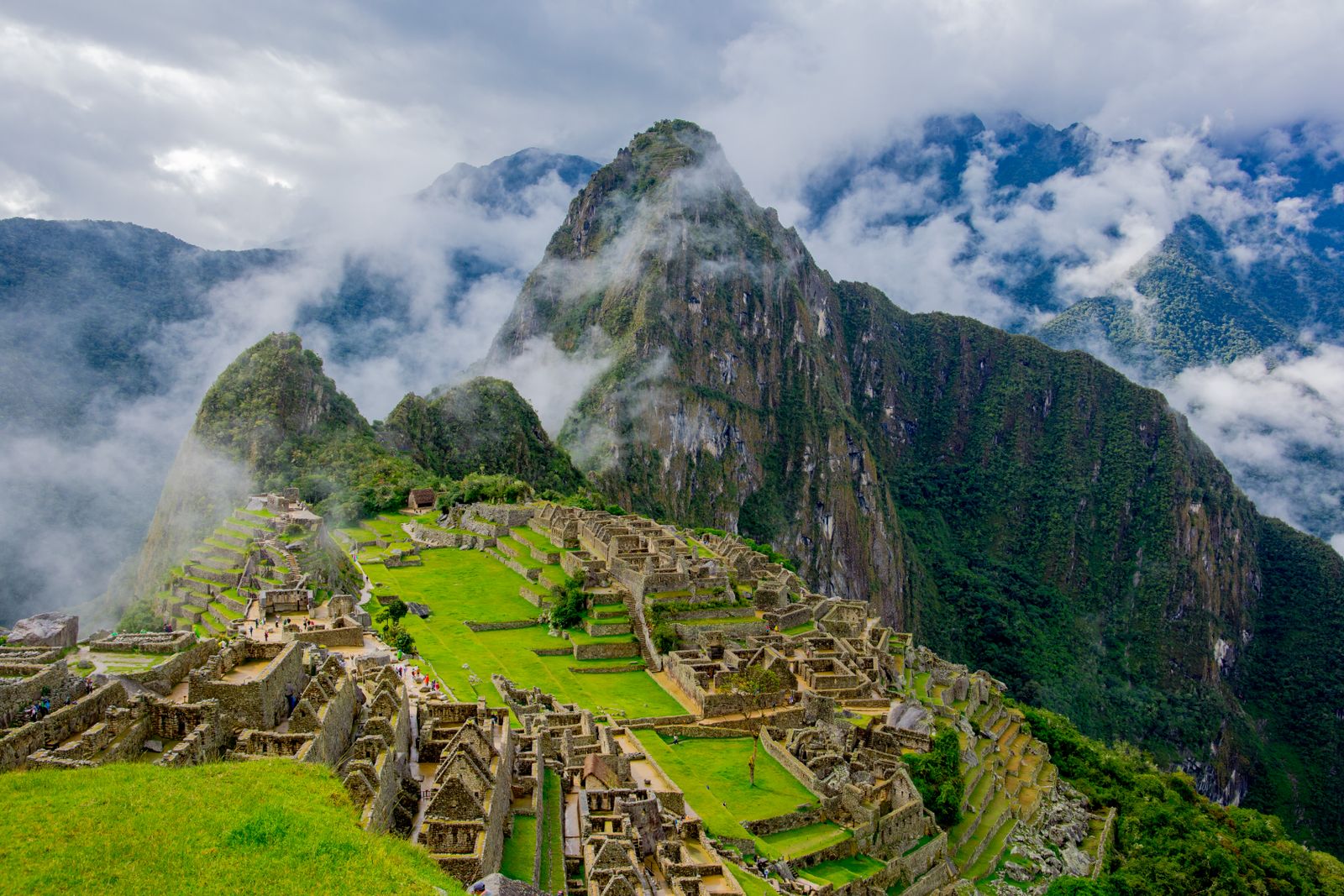 Machu Picchu full panoramic aerial showing terraces and mountains