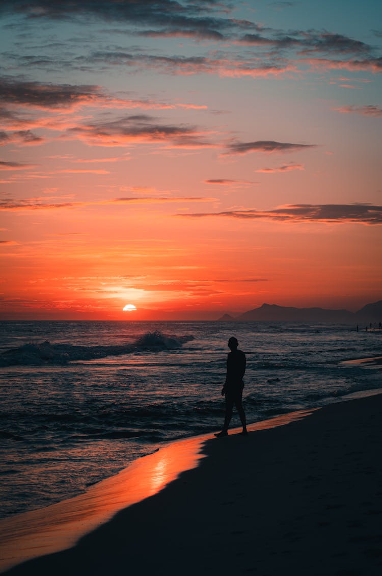 Silhouette Of Person Standing On Sea Shore At Sunset