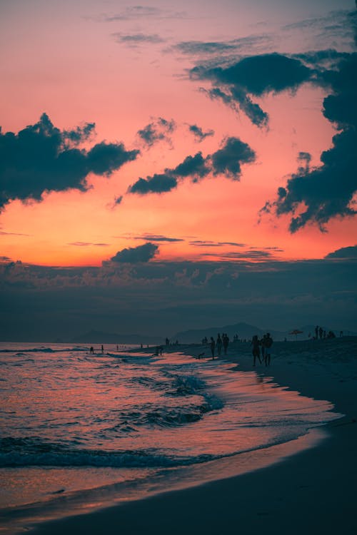 Silhouettes of People Walking on Seashore on Sunset