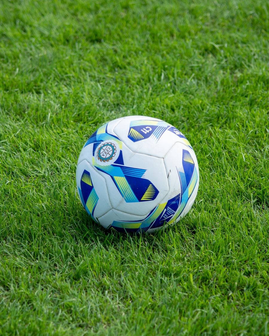 Football resting on a grass pitch
