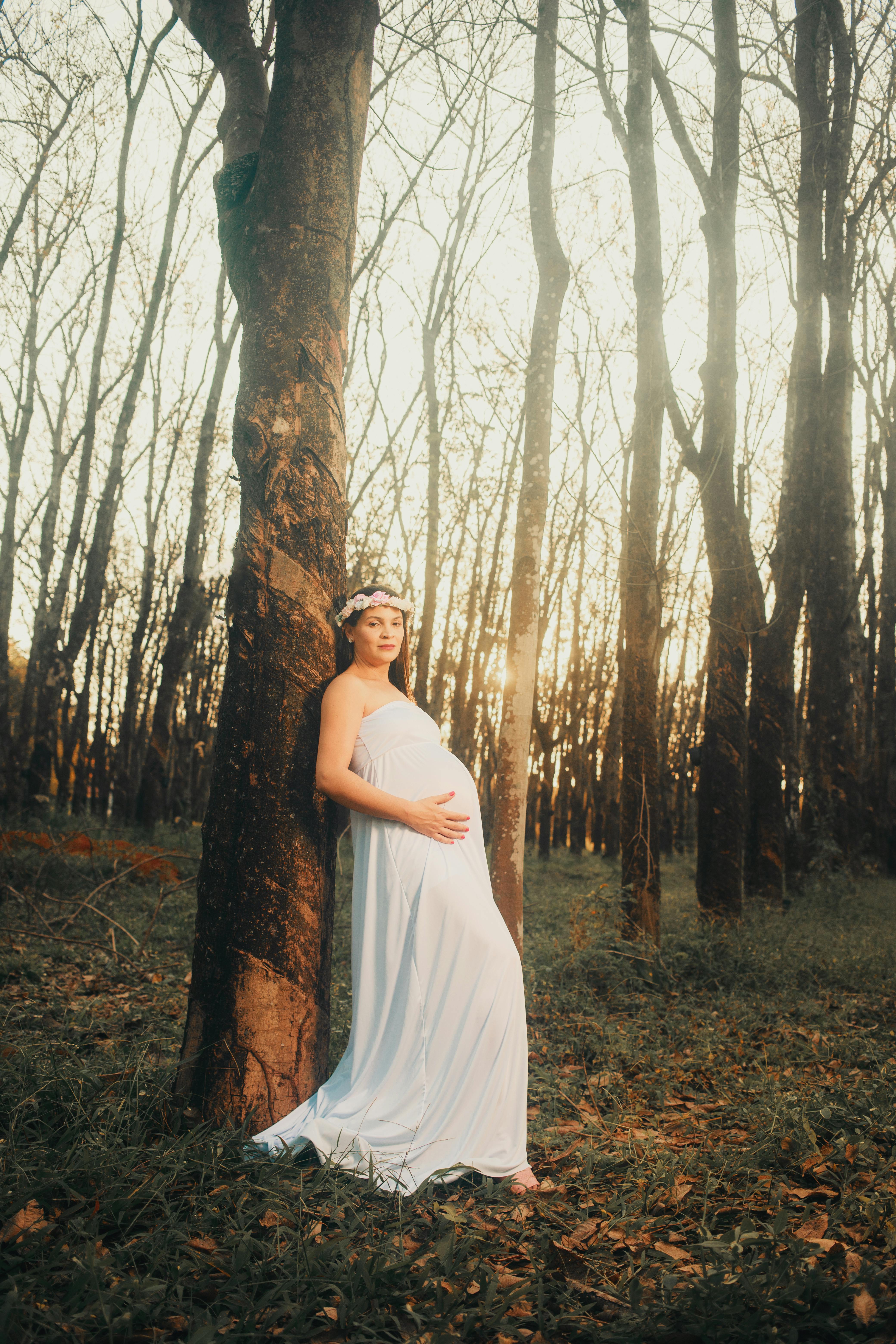 Expecting mother in a white dress leaning on tree at sunset in a forest