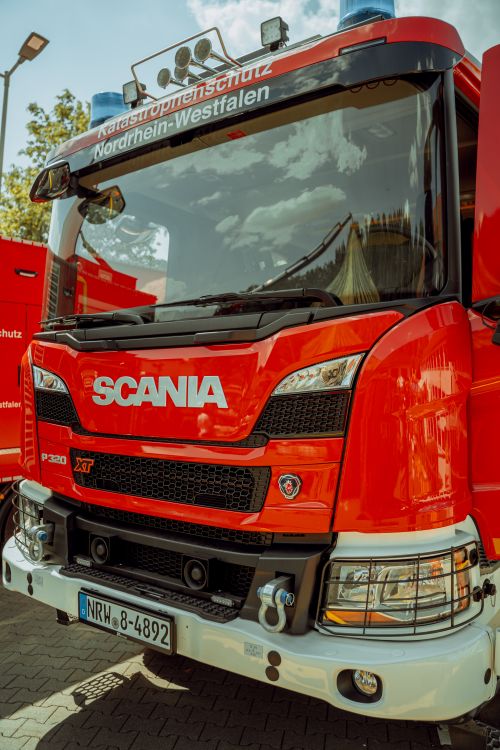 Free Front view of a red Scania firetruck in North Rhine-Westphalia, Germany. Stock Photo
