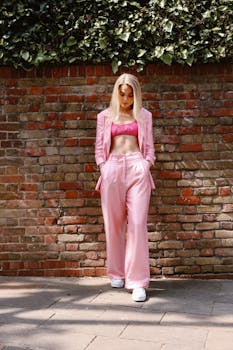 A stylish blonde woman in a pink suit stands against a brick wall outdoors in London.