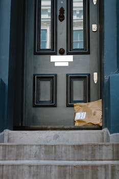 A black door with a delivery package on the stone steps in a residential urban setting.