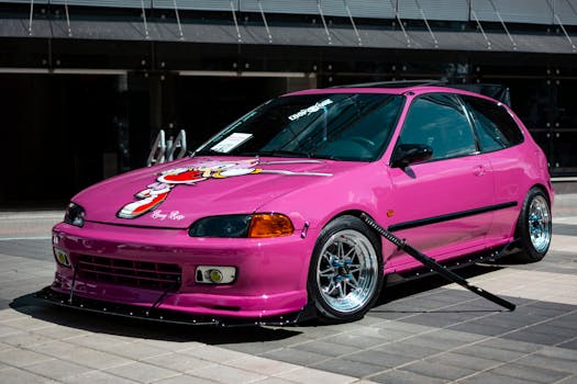 Vibrant pink Honda Civic with anime decal and katana on display outdoors.