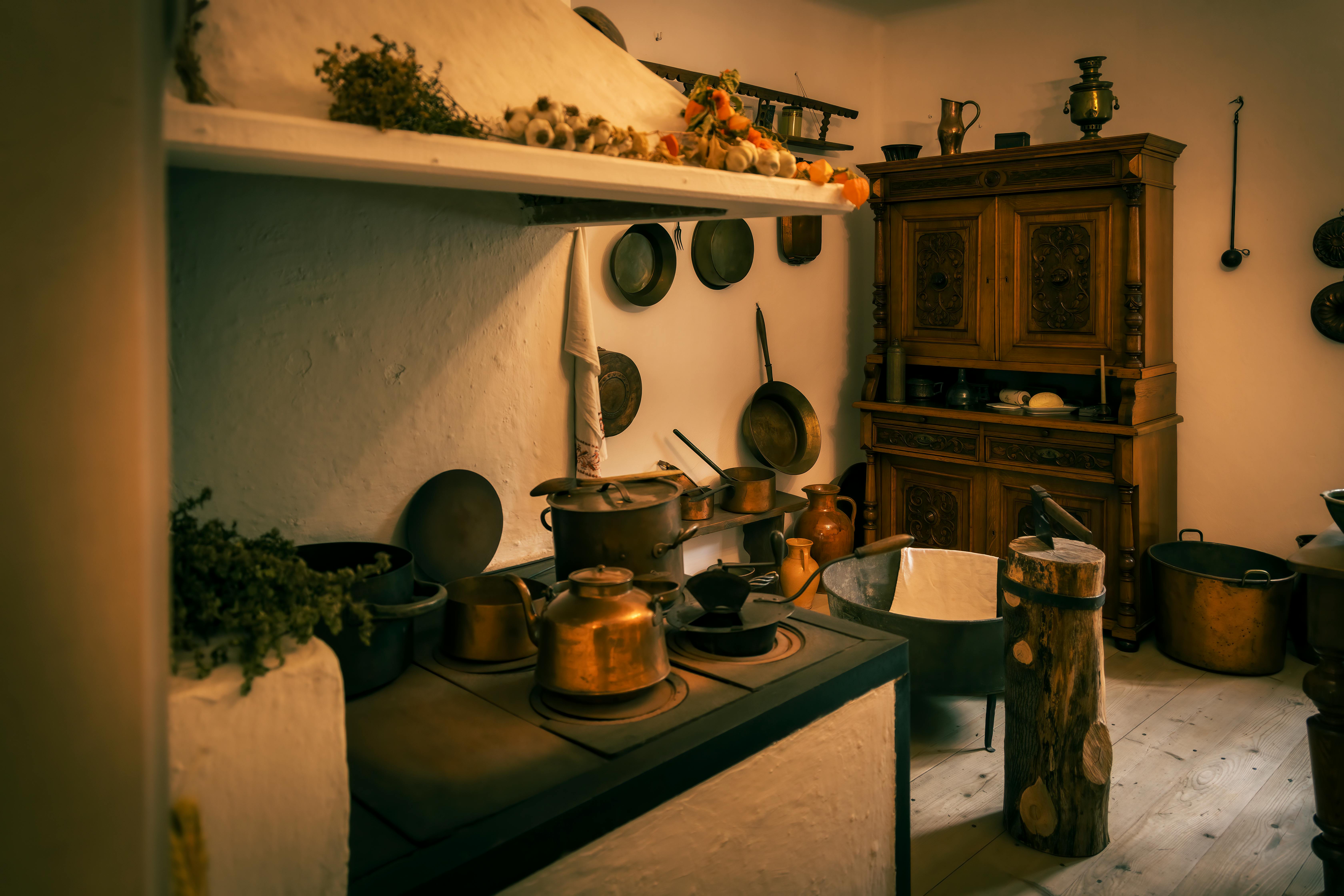 Kitchen interior vintage style on rustic wooden background/ Vintage  kitchenware Stock Photo