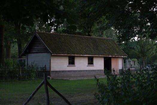 Charming old barn in rural Ghent, Belgium. Serene country scene with lush greenery and rustic architecture.