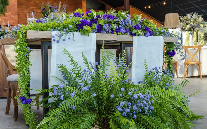 Beautifully decorated indoor venue with ferns and blue flowers, perfect for weddings or receptions.