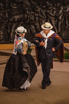 A couple dances in traditional Peruvian clothing in Jauja, Peru, displaying cultural heritage.