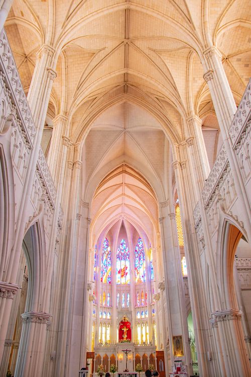 Free Intricate gothic architecture of Leon Cathedral with colorful stained glass. Stock Photo
