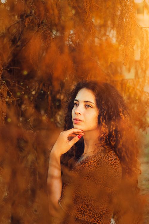 Free Captivating portrait of a woman standing amidst autumn foliage, evoking warmth and introspection. Stock Photo