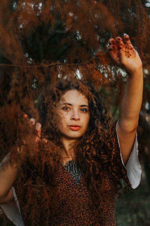 Free A woman with curly hair stands amidst autumn foliage, creating a warm and natural portrait. Stock Photo