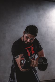 Muscular man exercising with a dumbbell in an indoor gym setting, showcasing strength and fitness.