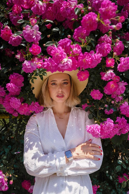 Pink Flowers around Blonde Woman