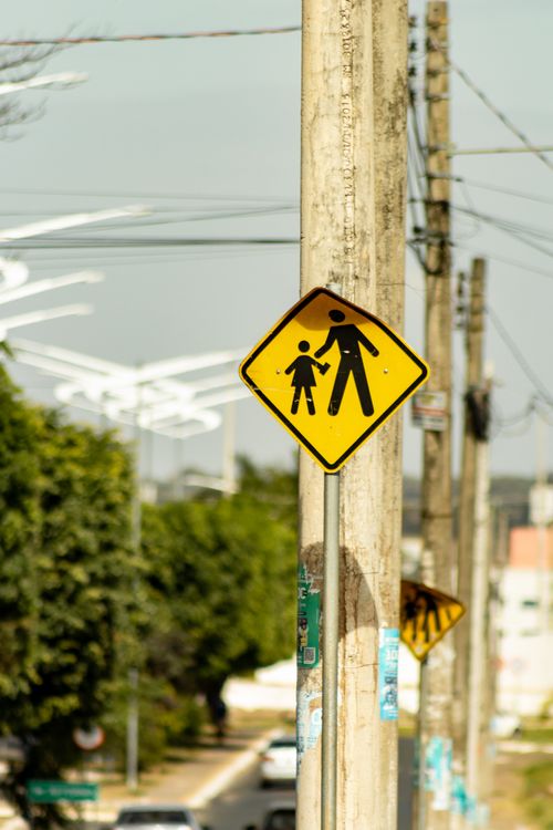 Free Yellow school crossing sign on a utility pole in a city street with blurred background. Stock Photo