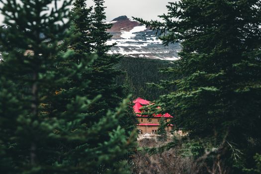 Charming wooden cabin with a bright red roof nestled in Jasper, Canada against a snowy mountain backdrop.