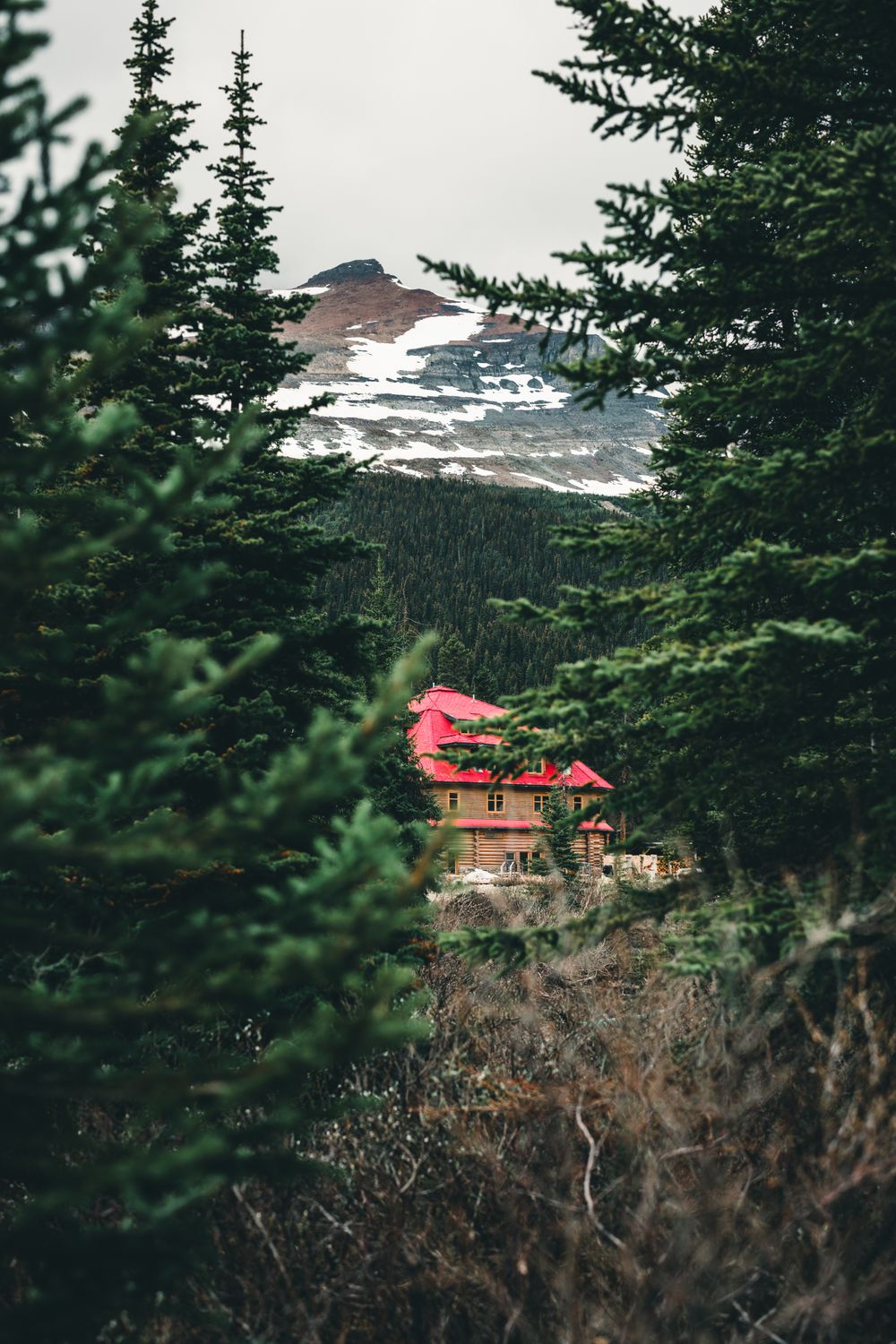 A red cabin in the woods with snow capped mountains · Free Stock Photo