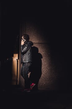 一名男子穿着羽绒服，在阴暗的城市小巷里打电话，凸显了夜间的城市生活