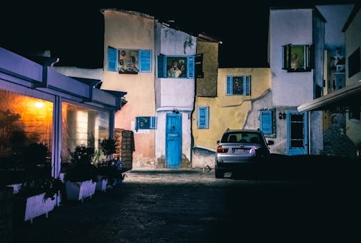 Eerie urban scene with colorful facades and a parked car at night. Captivating city vibes.
