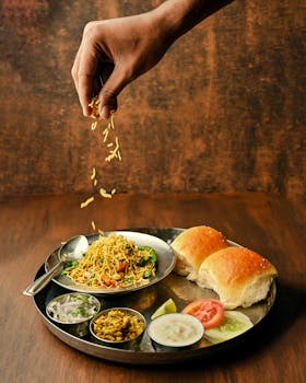 A close-up of misal pav, a spicy Indian dish, with toppings being added by hand.