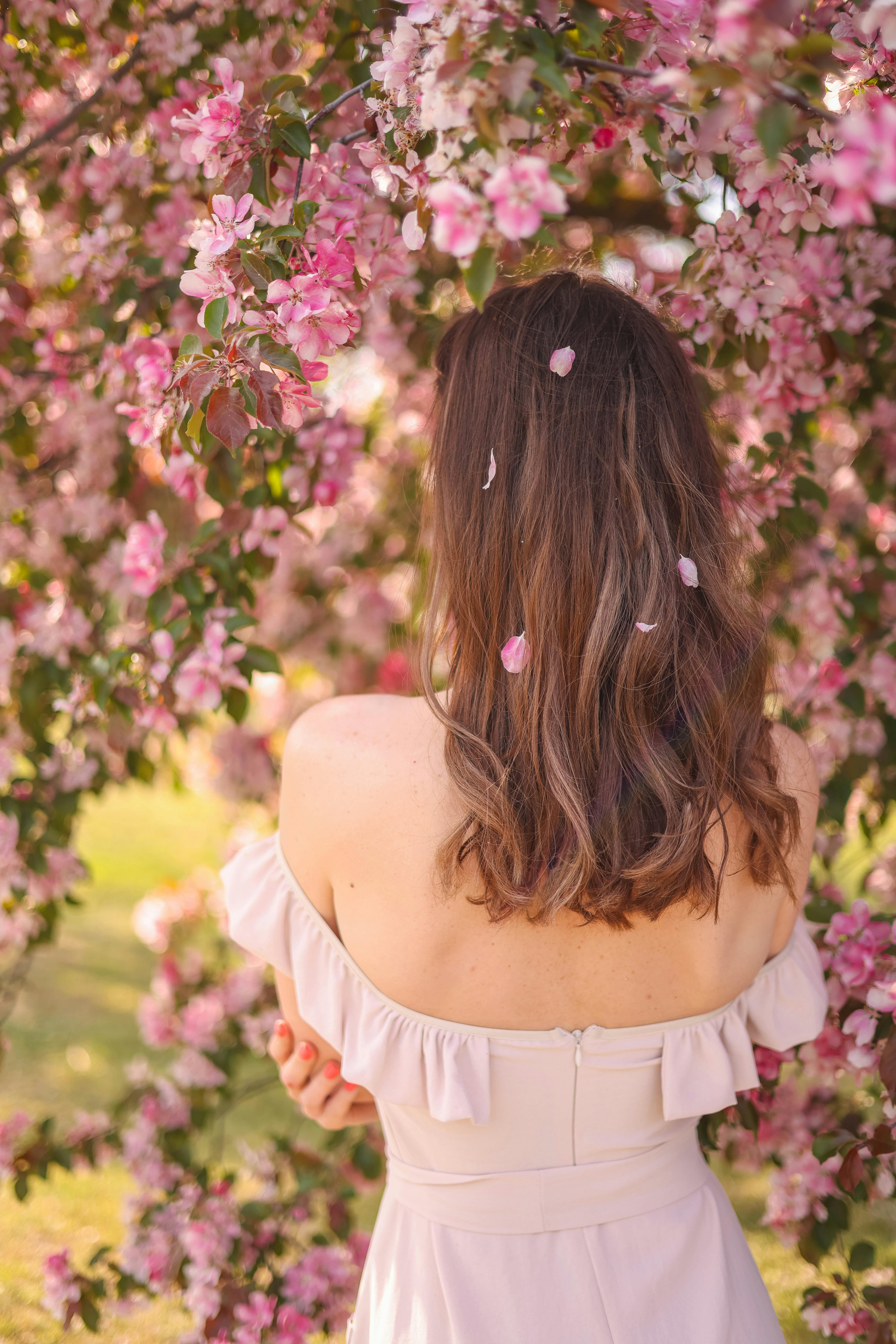 A young woman in a dress gracefully surrounded by cherry blossoms in bloom during spring.