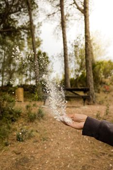 A hand tosses powder into the air amidst a tranquil forest scene. Evokes a sense of calm and nature.