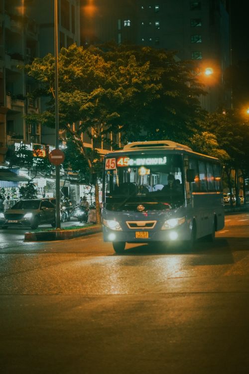 Free A public bus navigates through dimly lit city streets at night, headlights illuminating the path. Stock Photo