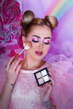 这幅充满活力的肖像描绘了一位女性，她以粉红色为主题，发型优雅，妆容精致