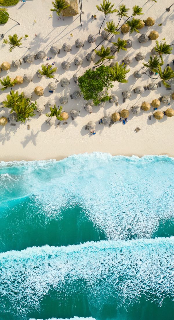 Incrível foto aérea de uma praia tropical com ondas turquesa e palmeiras na República Dominicana.