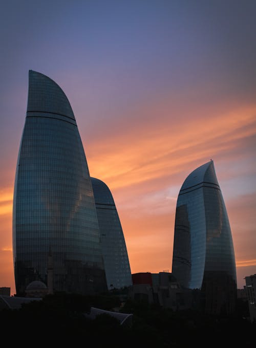 Flame Towers in Baku, Azerbaijan at Sunset