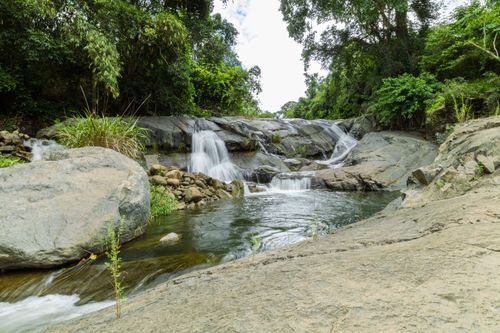Free A beautiful waterfall cascading through lush greenery and rocks in a tranquil jungle setting. Stock Photo